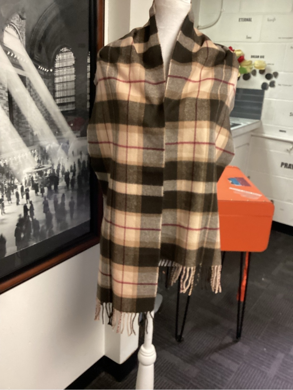 Plaid Olive Green and Cream scarfCASHMERE